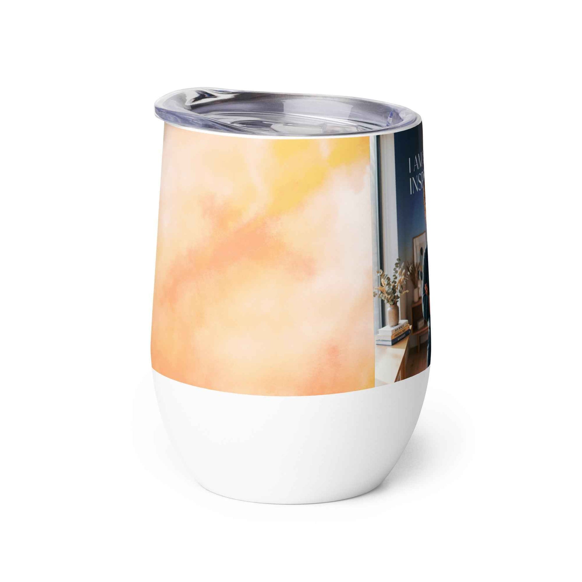 Wine tumbler with clear plastic lid, white base, and orange-pink watercolor with side text area.