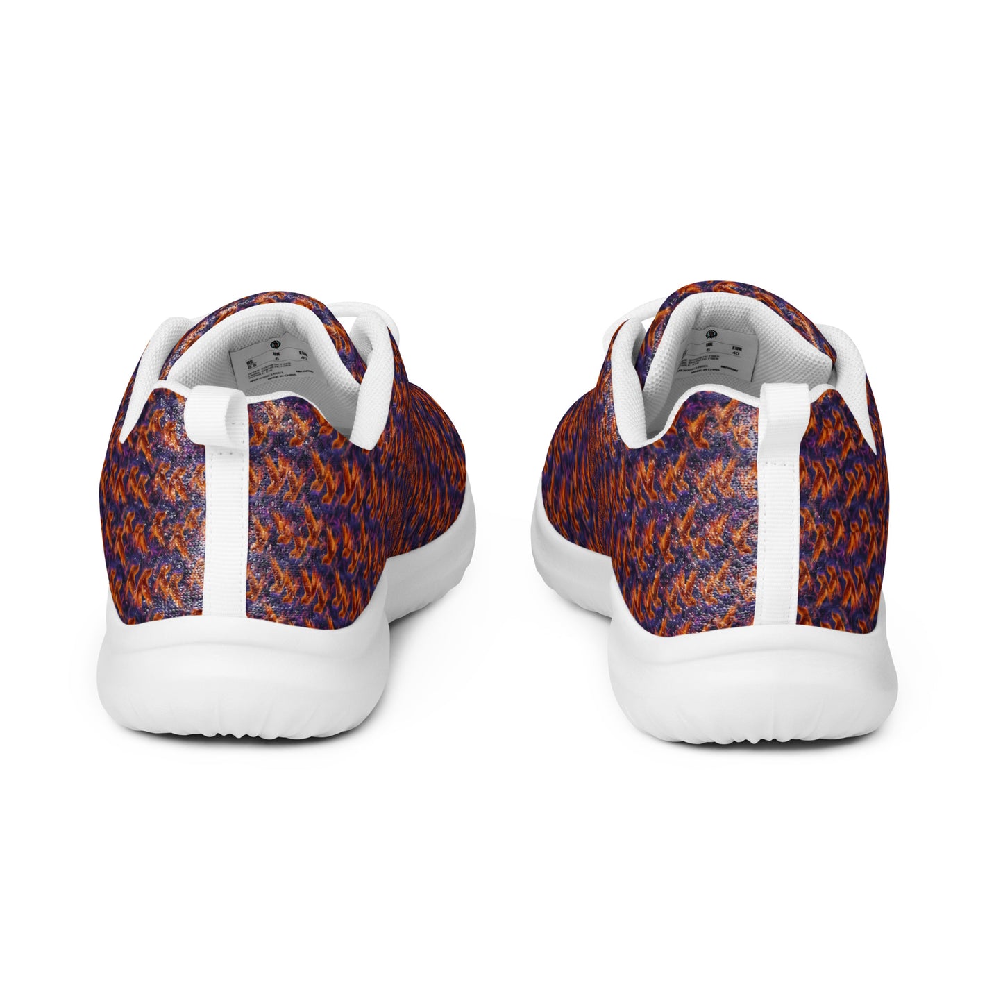 Women’s athletic shoes rear view with multicolor speckled knit upper and white heel tabs