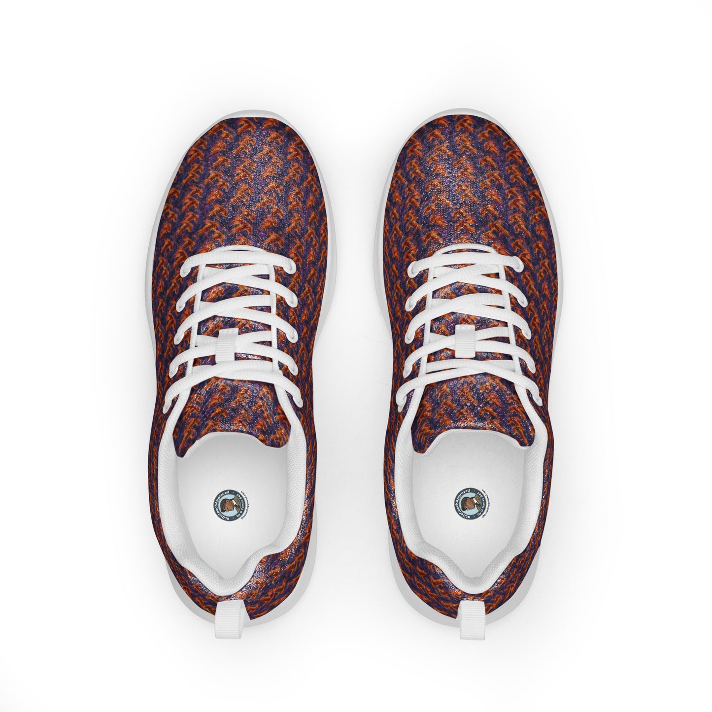 Women’s athletic shoes front view with multicolor speckled knit upper and white lace-up