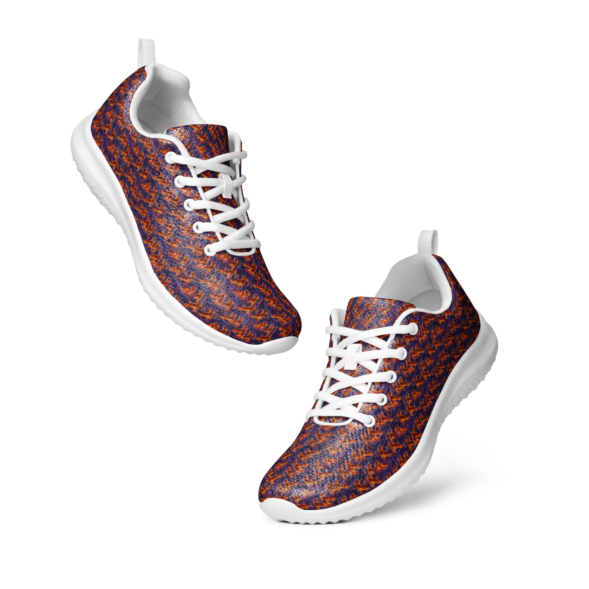 Women’s athletic shoes 3/4 view with multicolor speckled knit upper and white lace-up