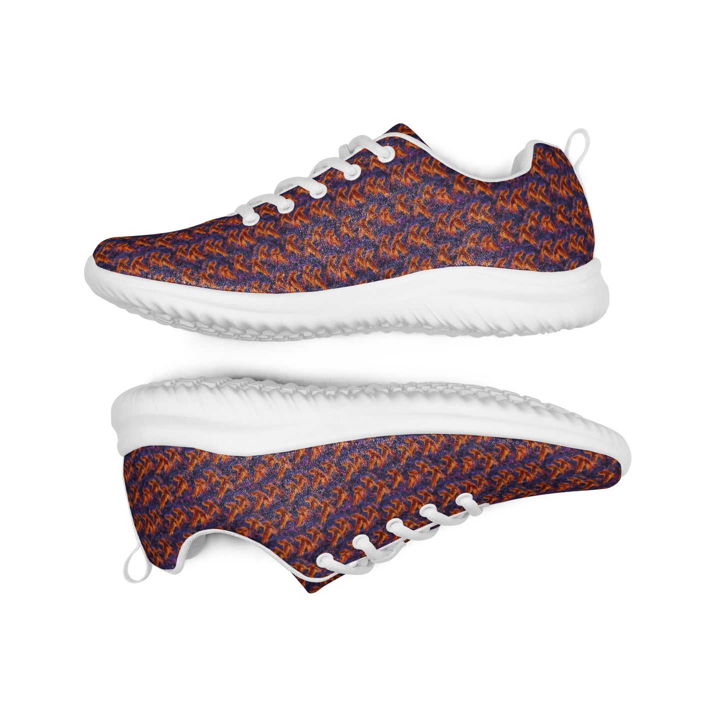 Women’s athletic shoes, blue upper with orange pattern, white laces and cushioned sole