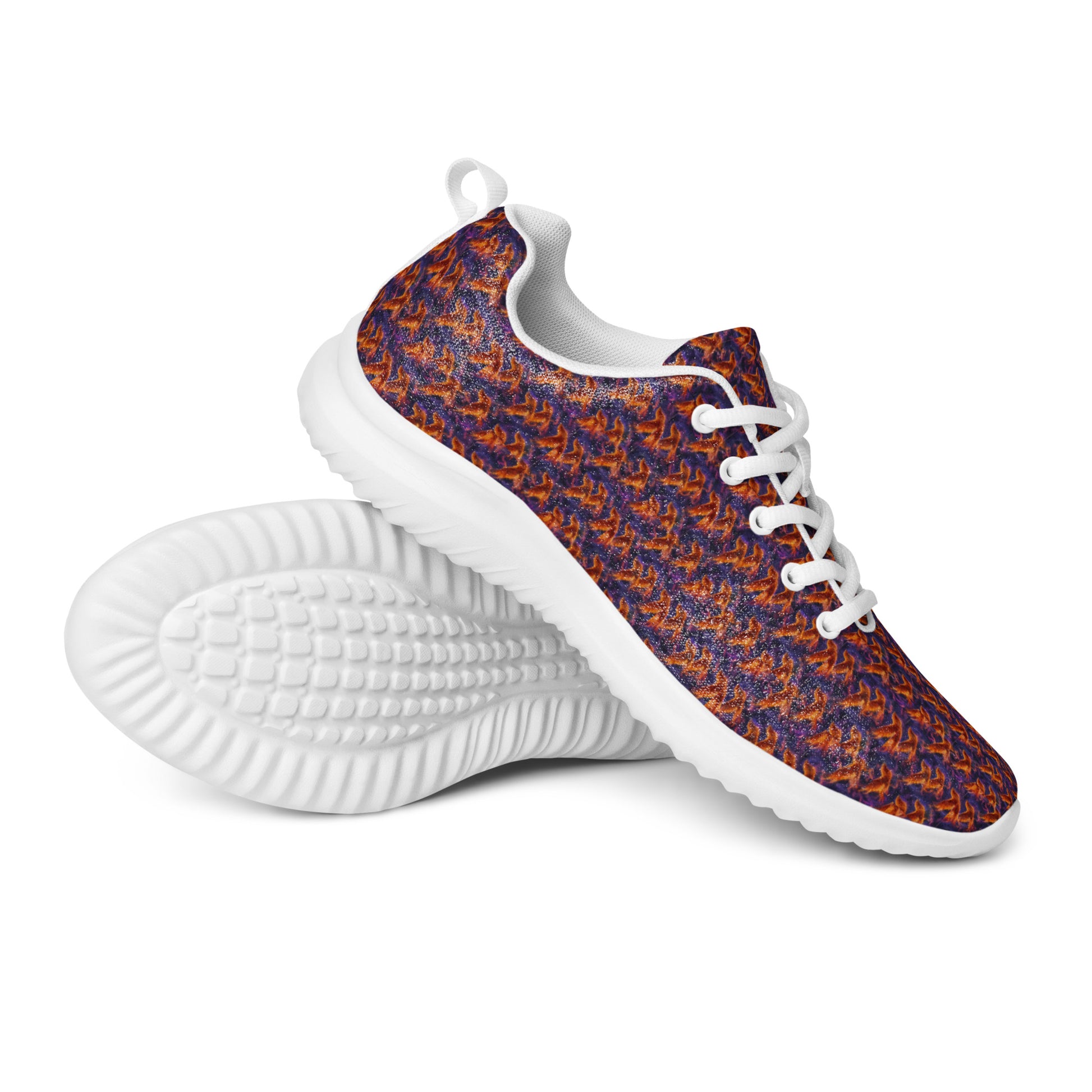 Women’s athletic shoe, blue-and-orange patterned knit with white laces and thick sole
