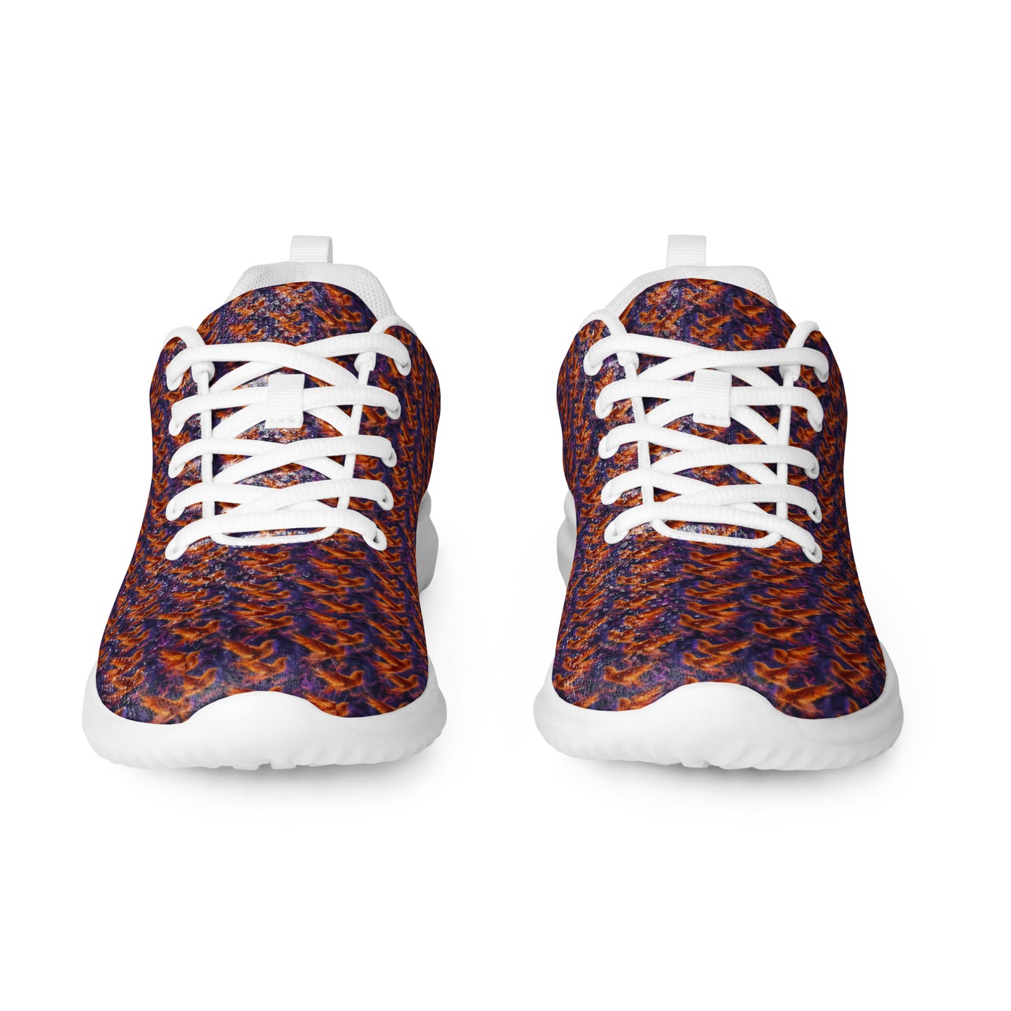 Women’s athletic shoes pair, blue upper with orange pattern, white laces and low-profile sole