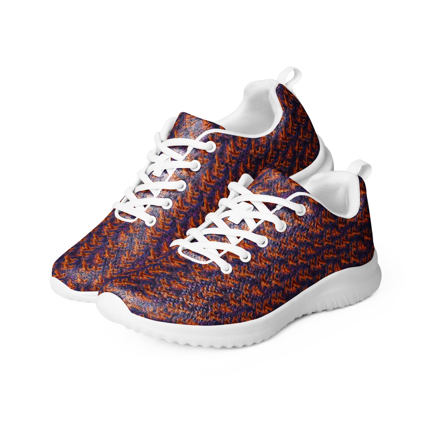 Women’s athletic shoes top view with multicolor speckled knit upper and white lace-up
