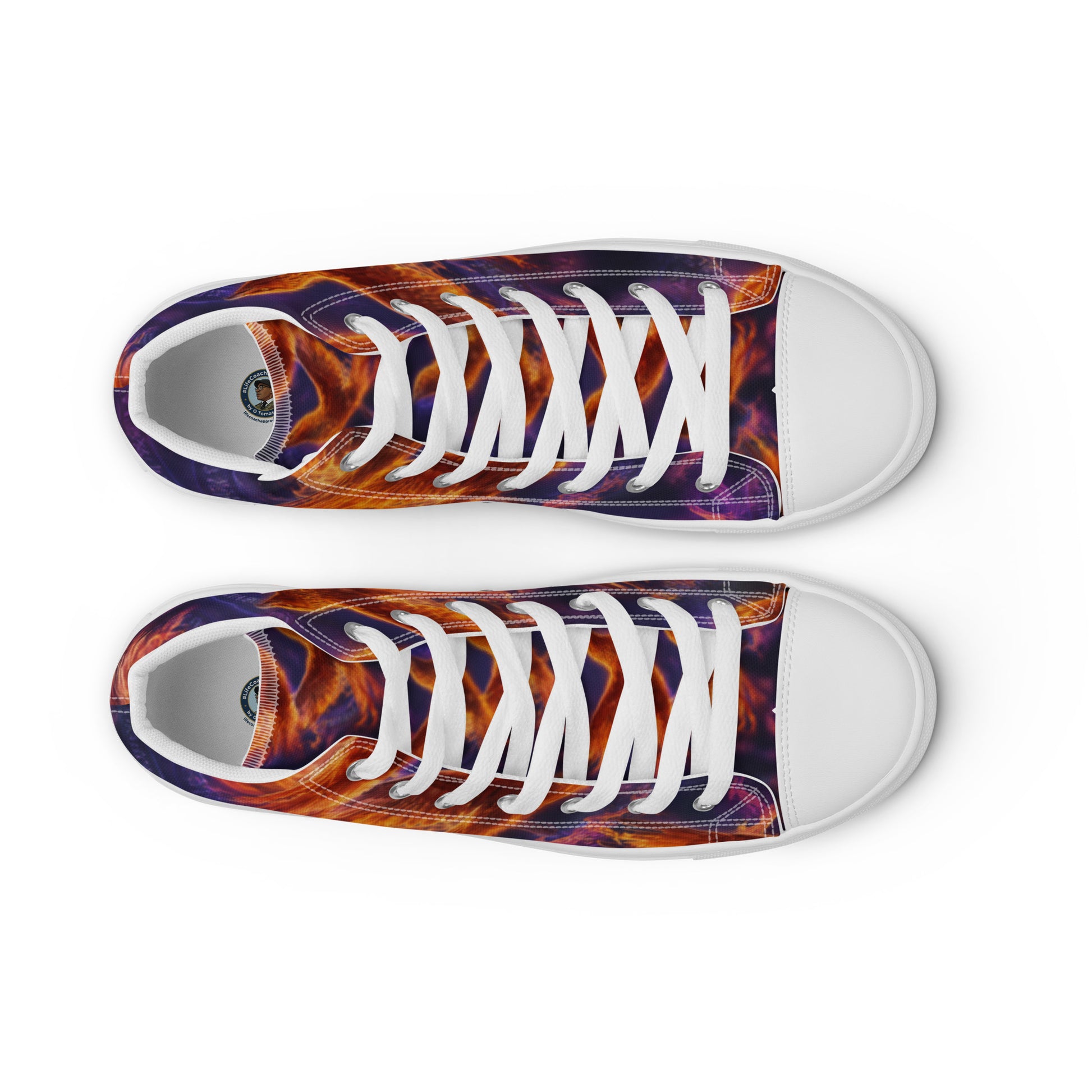 High top canvas sneakers, top view: white laces on purple and orange flame print