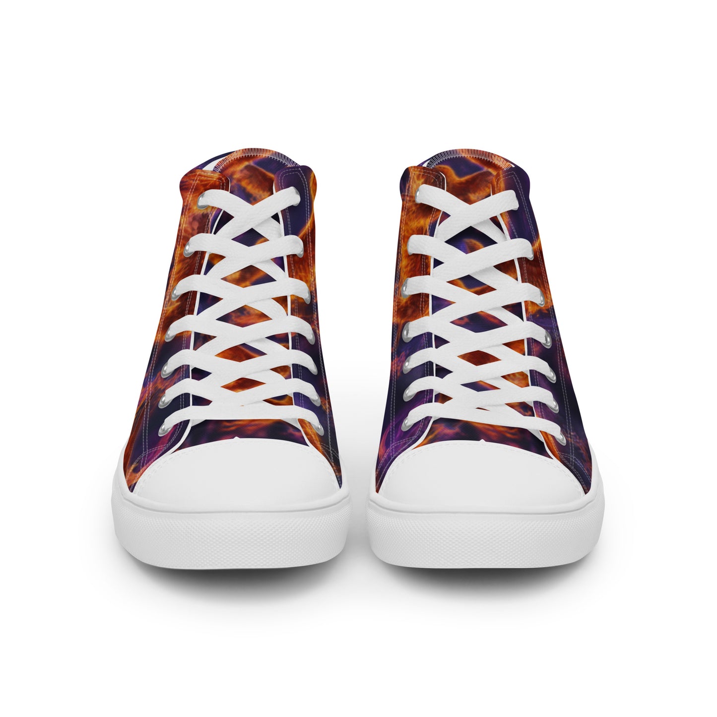 High top canvas sneakers, front view: white lace-up with purple and orange flame pattern