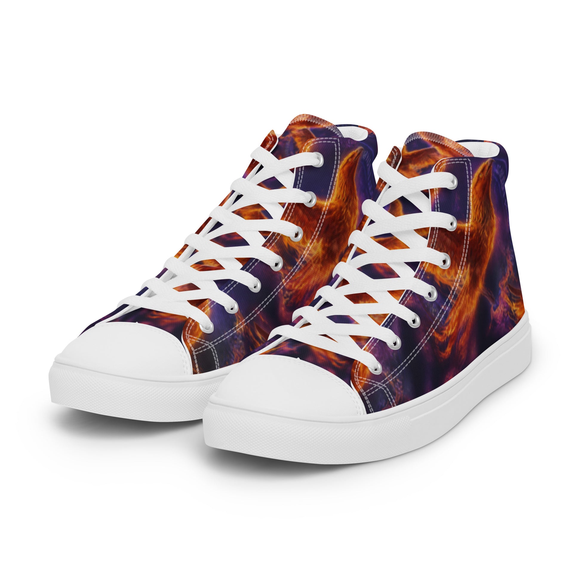 Pair of high top canvas sneakers with purple and orange flame graphic, white laces