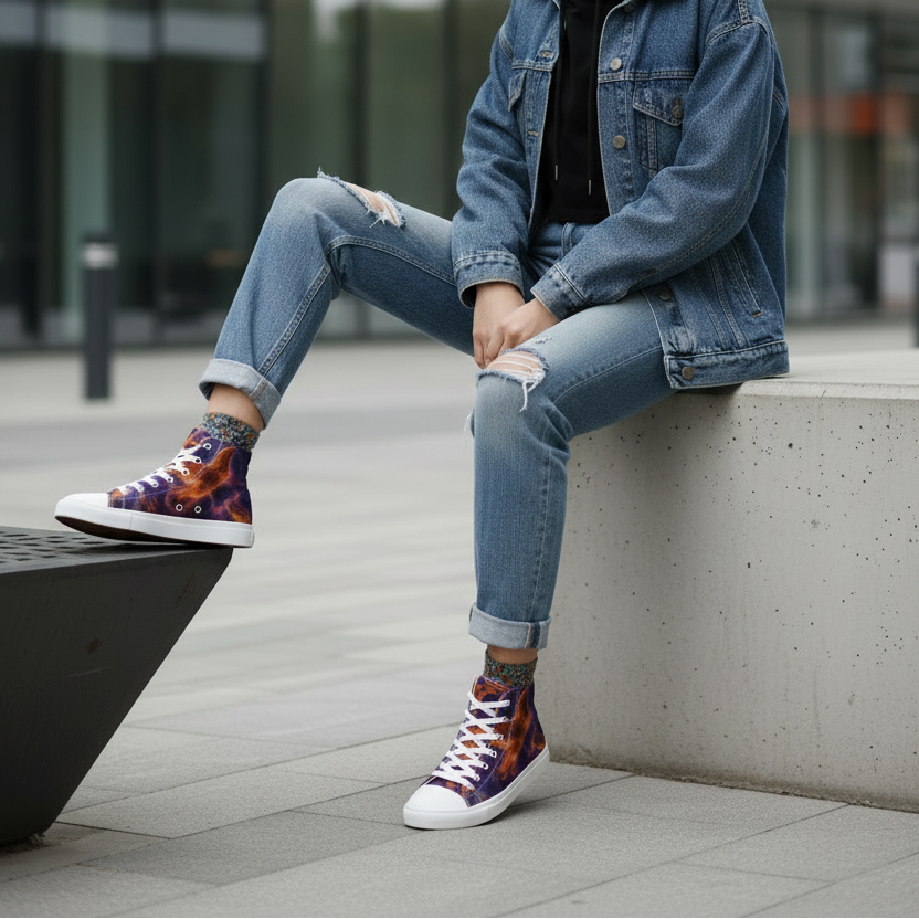 Women’s high top canvas sneakers with purple and orange flame graphic, white rubber sole