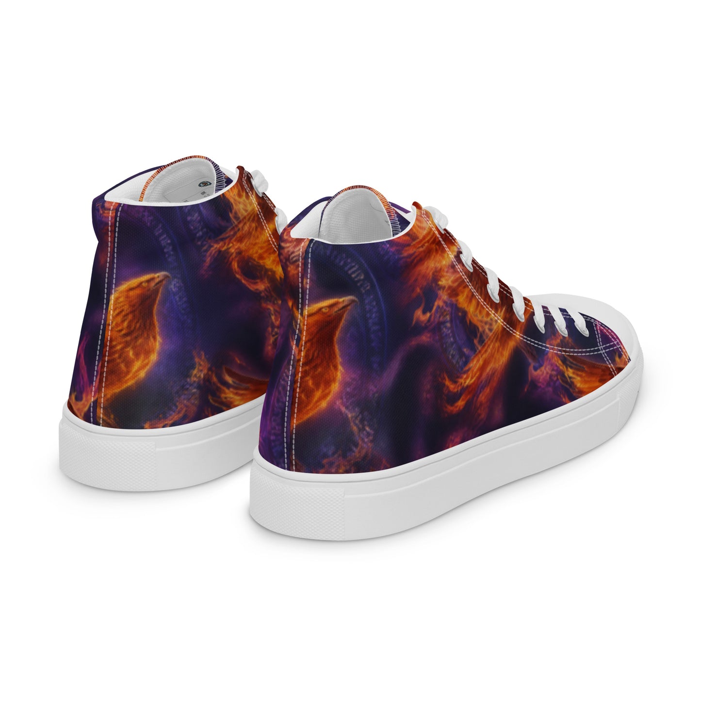 High top canvas sneakers, angle view: purple and orange flame pattern with white rubber sole
