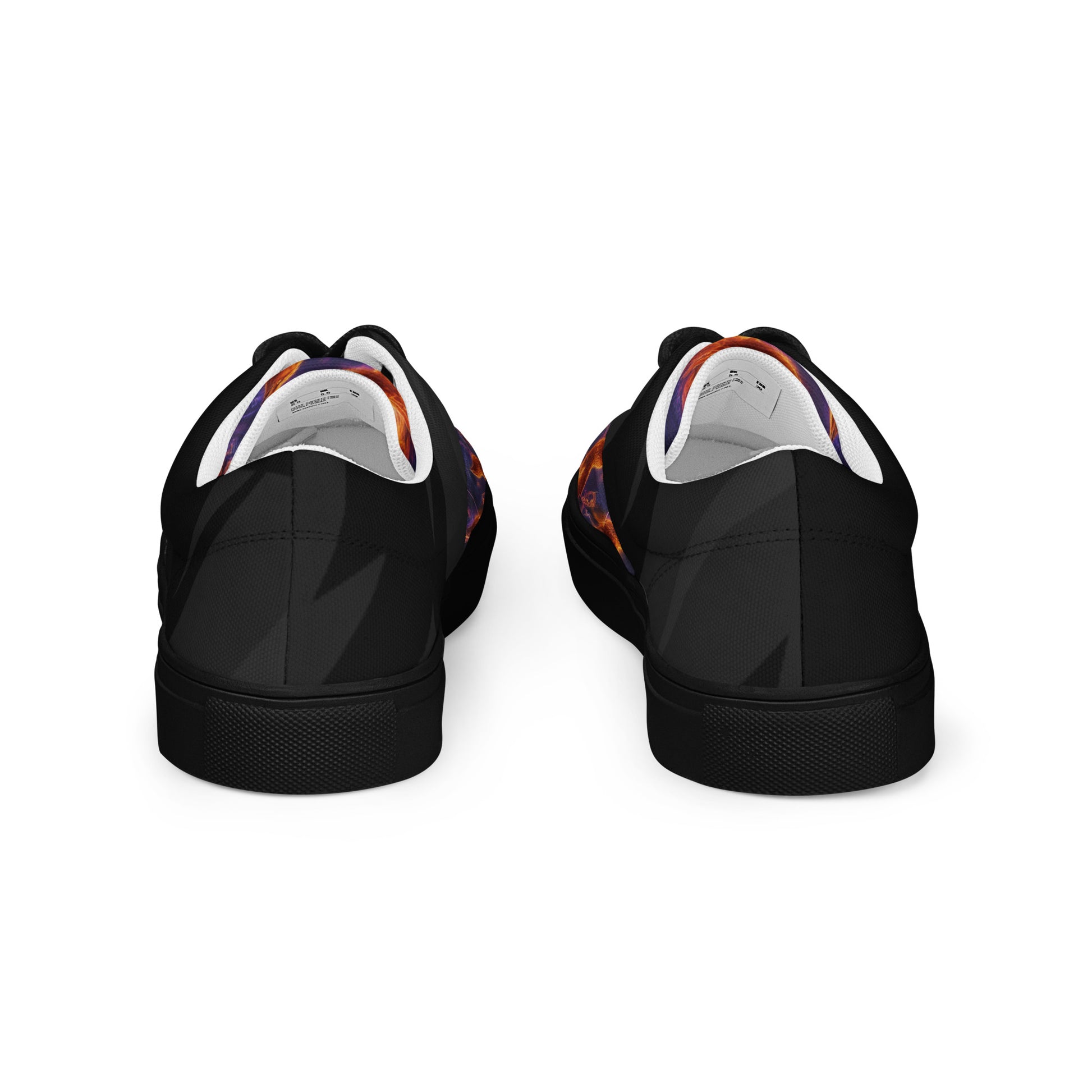 Women's lace-up canvas shoes back view, black with purple-orange fiery print, white interior lining.