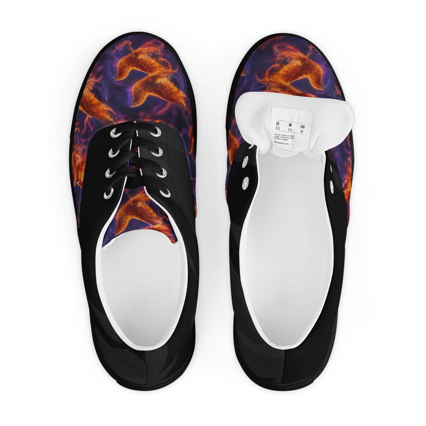Women's lace-up canvas shoes top view, black with purple-orange fiery graphic and white interior.