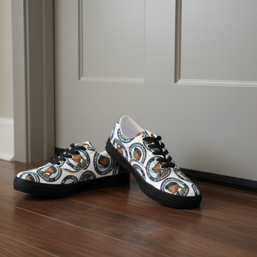 Lace-up canvas sneakers with blue graphic print and black rubber sole
