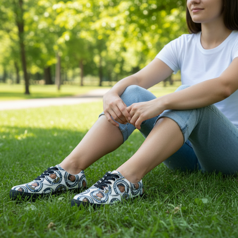 Lace-up canvas sneakers with blue patterned print worn with blue jeans outdoors