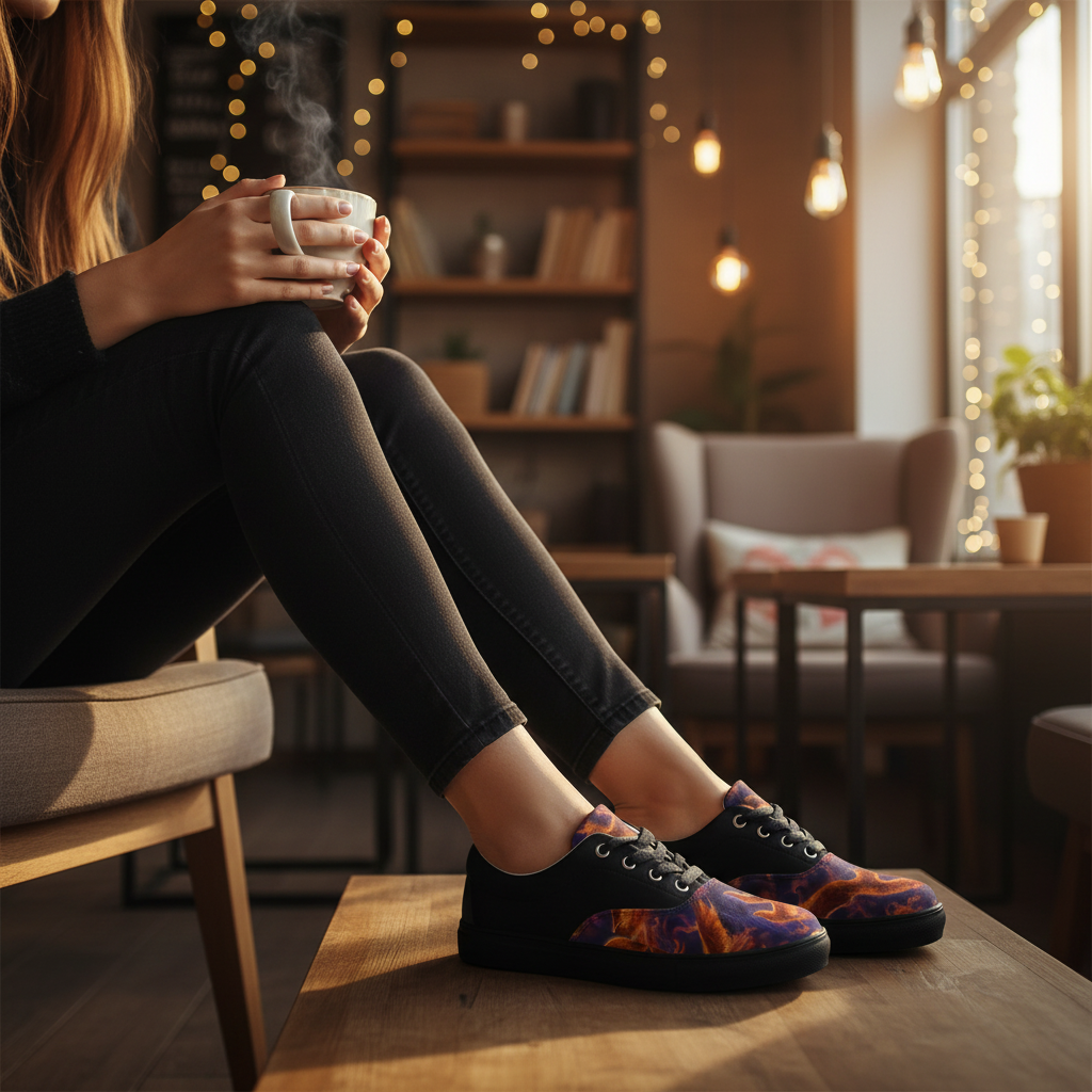 Women's lace-up canvas shoes, black with purple-orange fiery print, low-profile rubber sole.