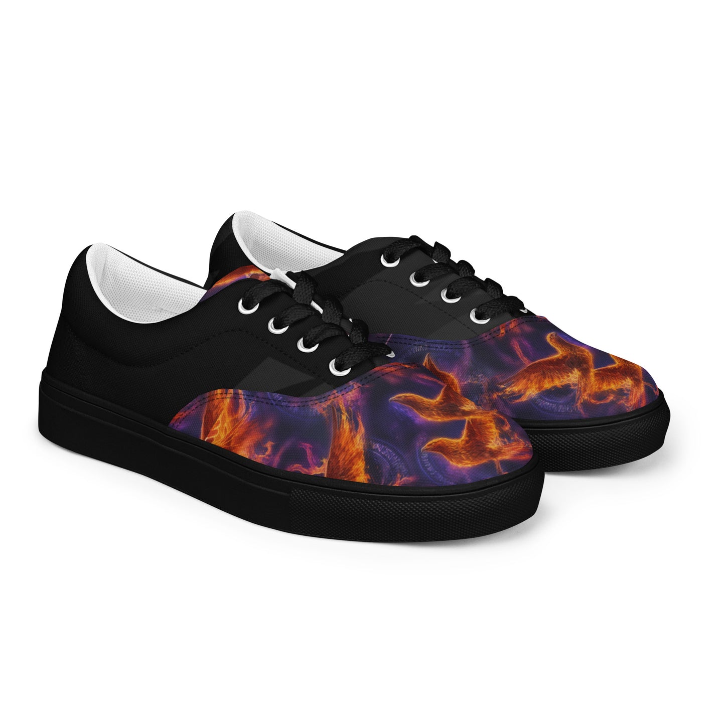 Women's lace-up canvas shoes, black canvas with purple-orange fiery graphic and textured rubber sole.
