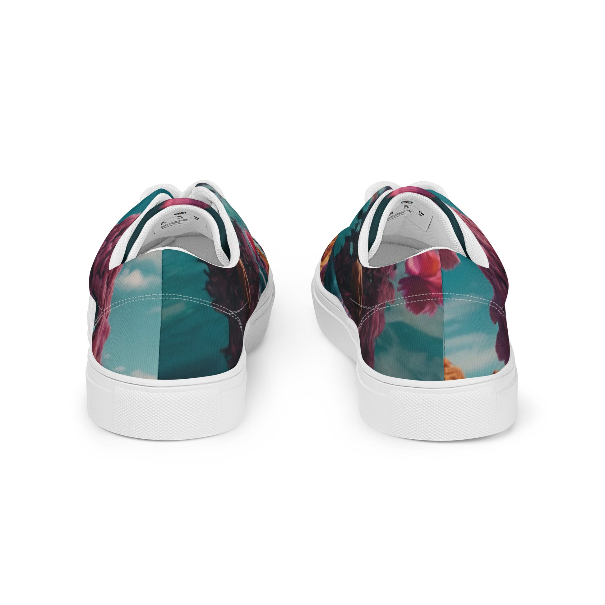 Canvas sneakers with maroon and teal floral uppers and white heel panels