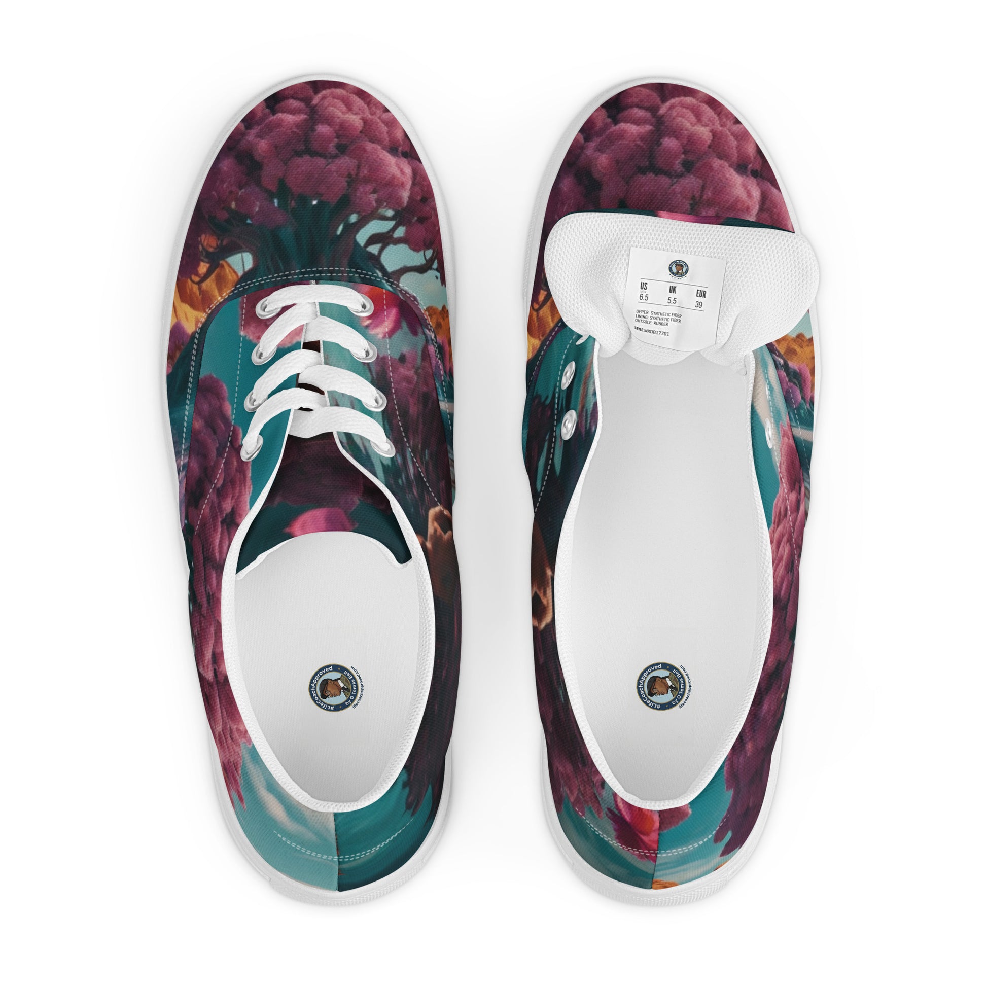 Canvas sneakers with white insoles and maroon/teal floral uppers, heel and tongue view