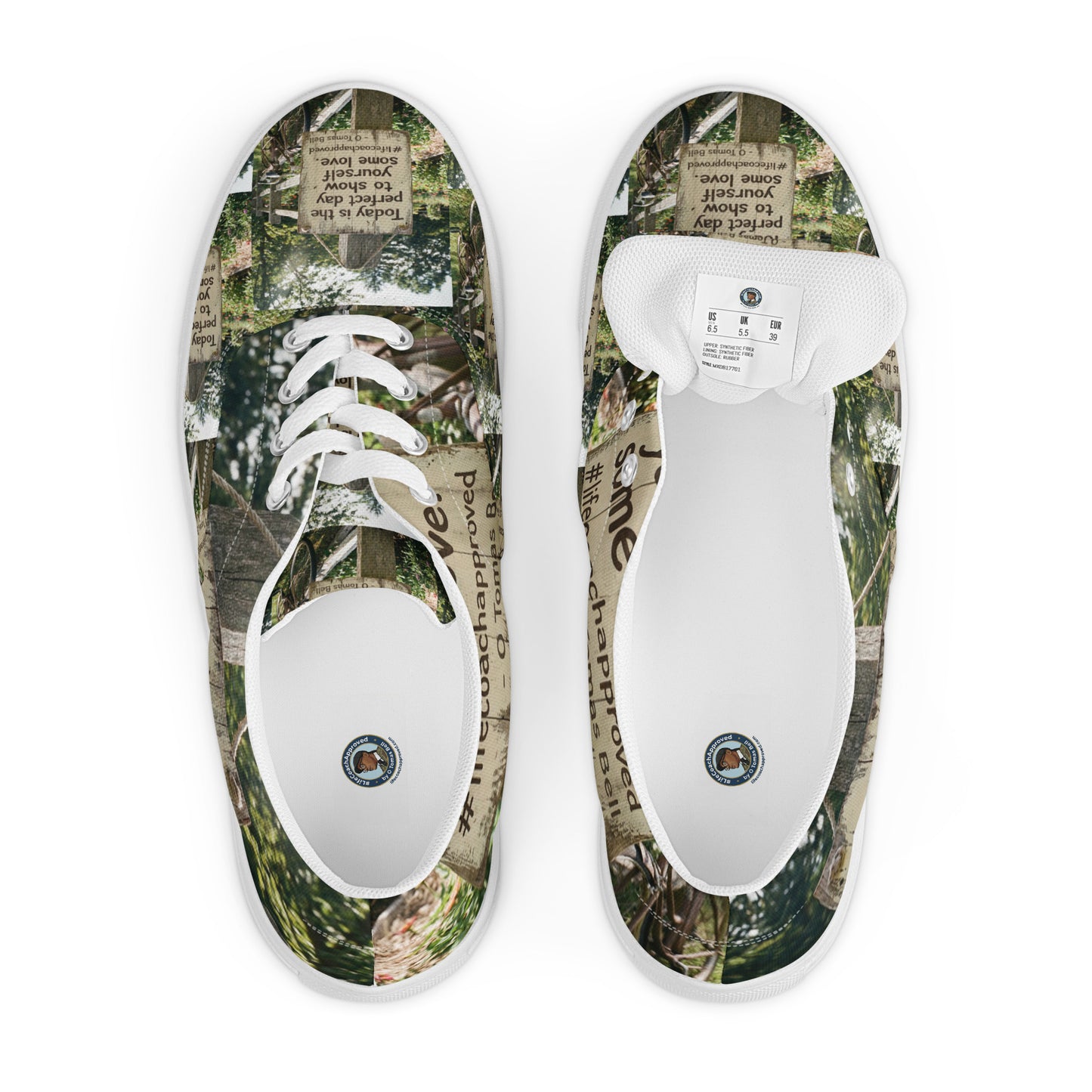 Low-top canvas shoes with woodland print upper, white laces; insides show size label.