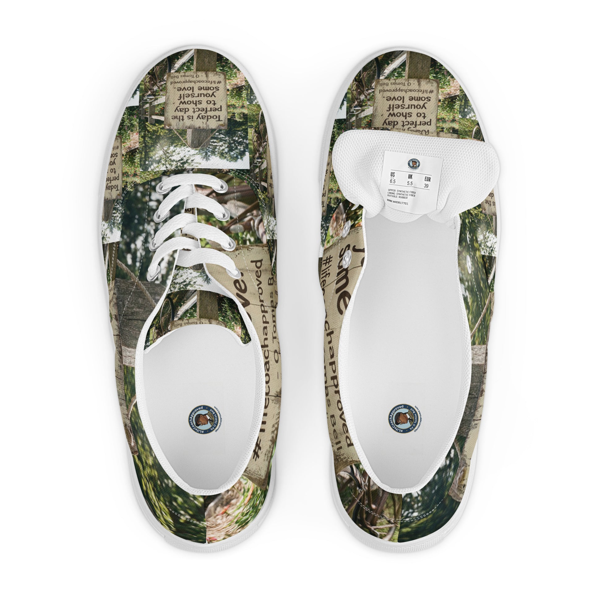 Low-top canvas shoes with woodland print upper, white laces; insides show size label.