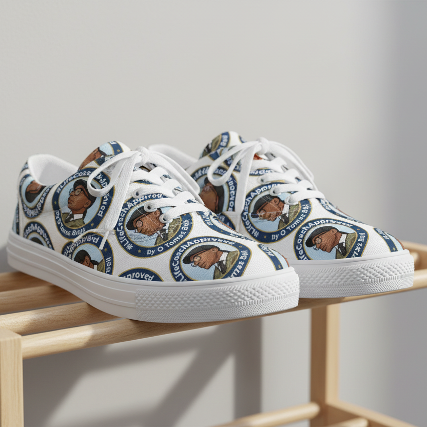 Pair of lace-up canvas sneakers with blue patterned uppers and white laces