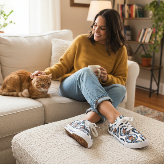 Lace-up canvas sneakers with blue graphic pattern and white rubber toe caps