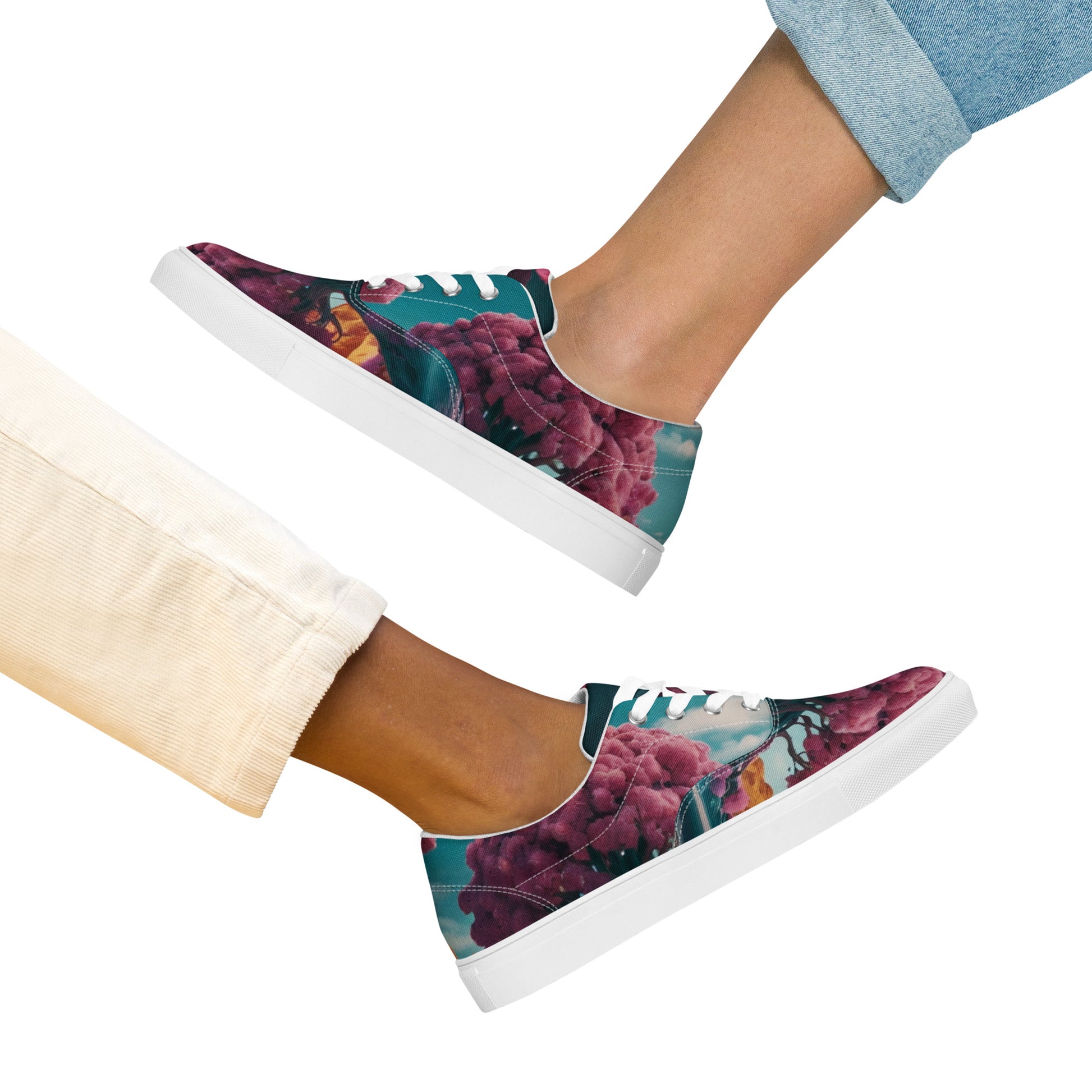 Lace-up canvas sneakers with floral print, white laces, and low-profile white rubber sole