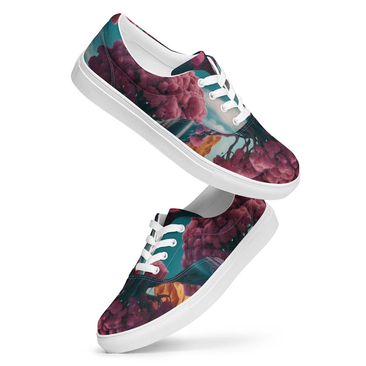Lace-up canvas sneakers, angled view showing floral upper details and white sidewall sole