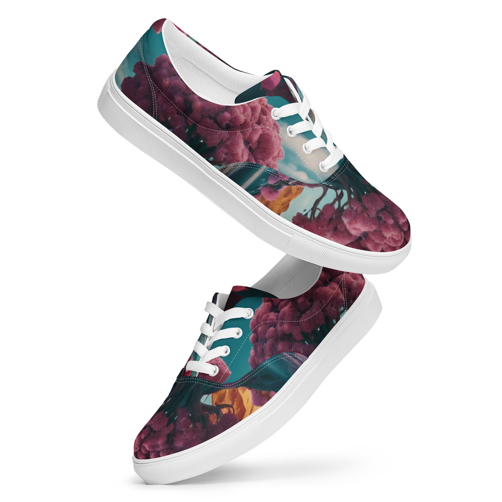 Lace-up canvas sneakers, angled view showing floral upper details and white sidewall sole