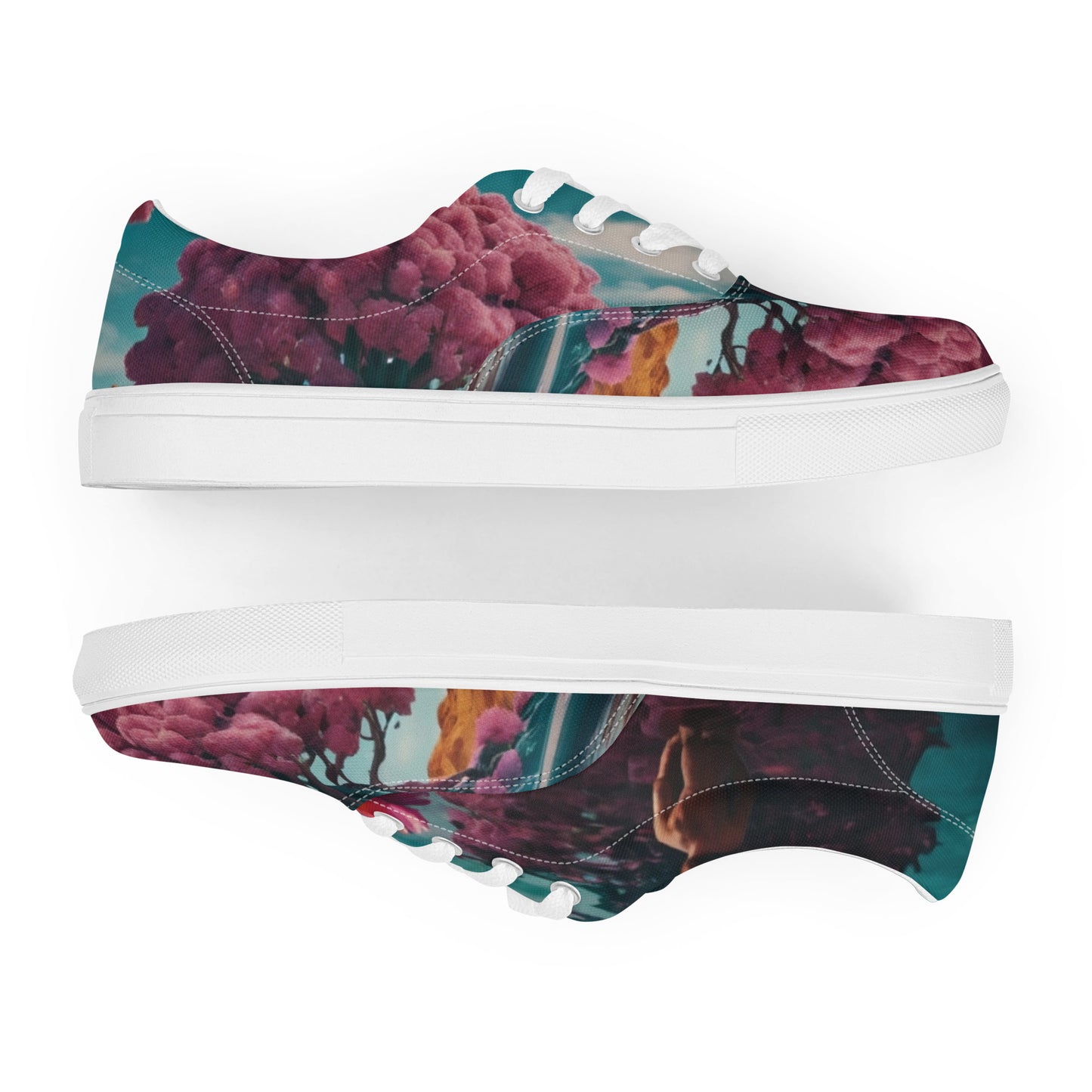 Lace-up canvas sneakers, top-down angled view showing floral upper and white outsole