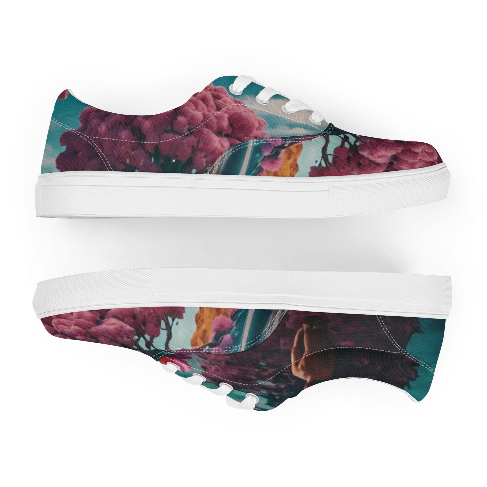 Lace-up canvas sneakers, top-down angled view showing floral upper and white outsole