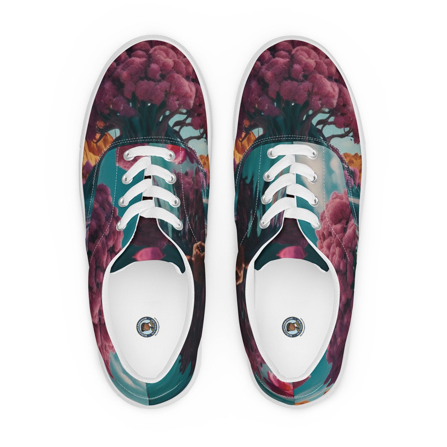Canvas lace-up sneakers with maroon and teal floral graphic uppers, white laces and toe