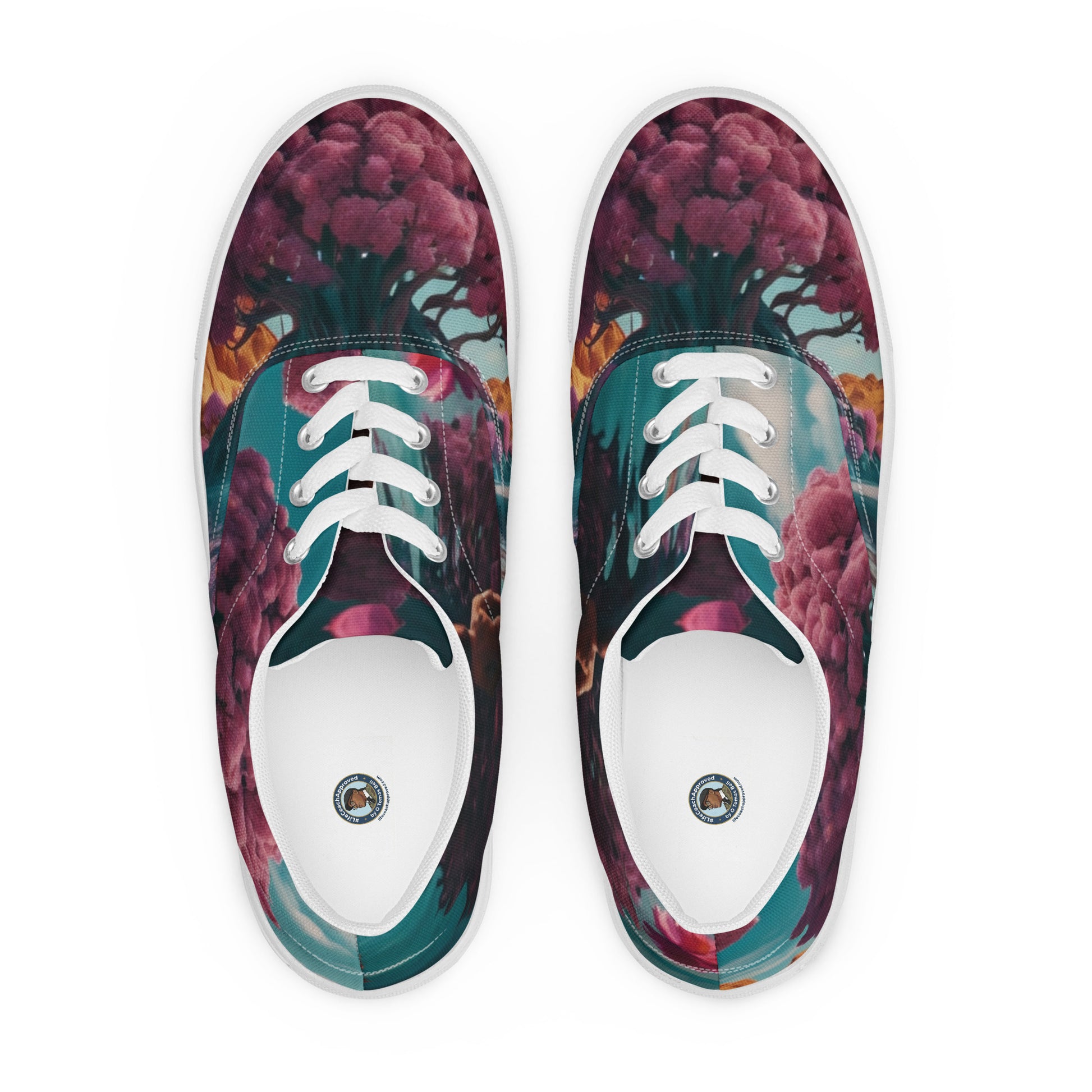 Canvas lace-up sneakers with maroon and teal floral graphic uppers, white laces and toe