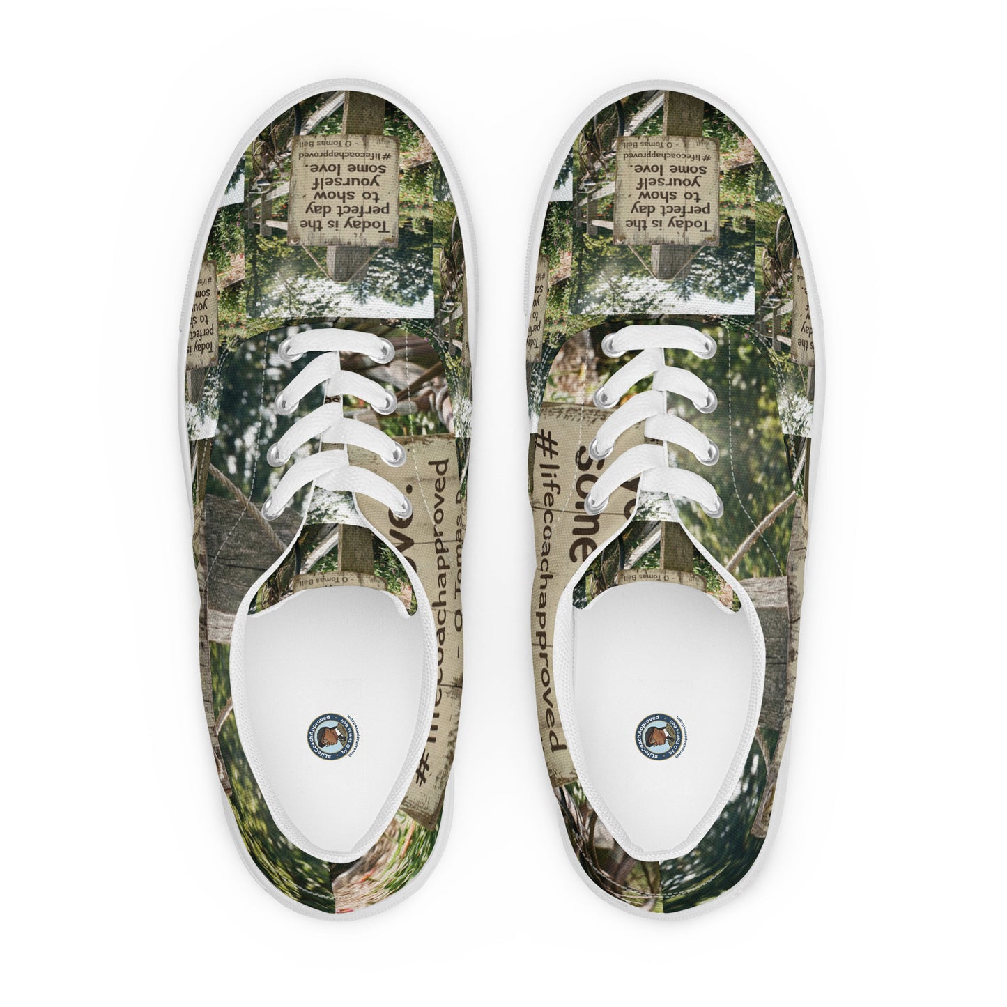 Low-top lace-up canvas shoes with woodland photo print, white laces and white rubber sole.