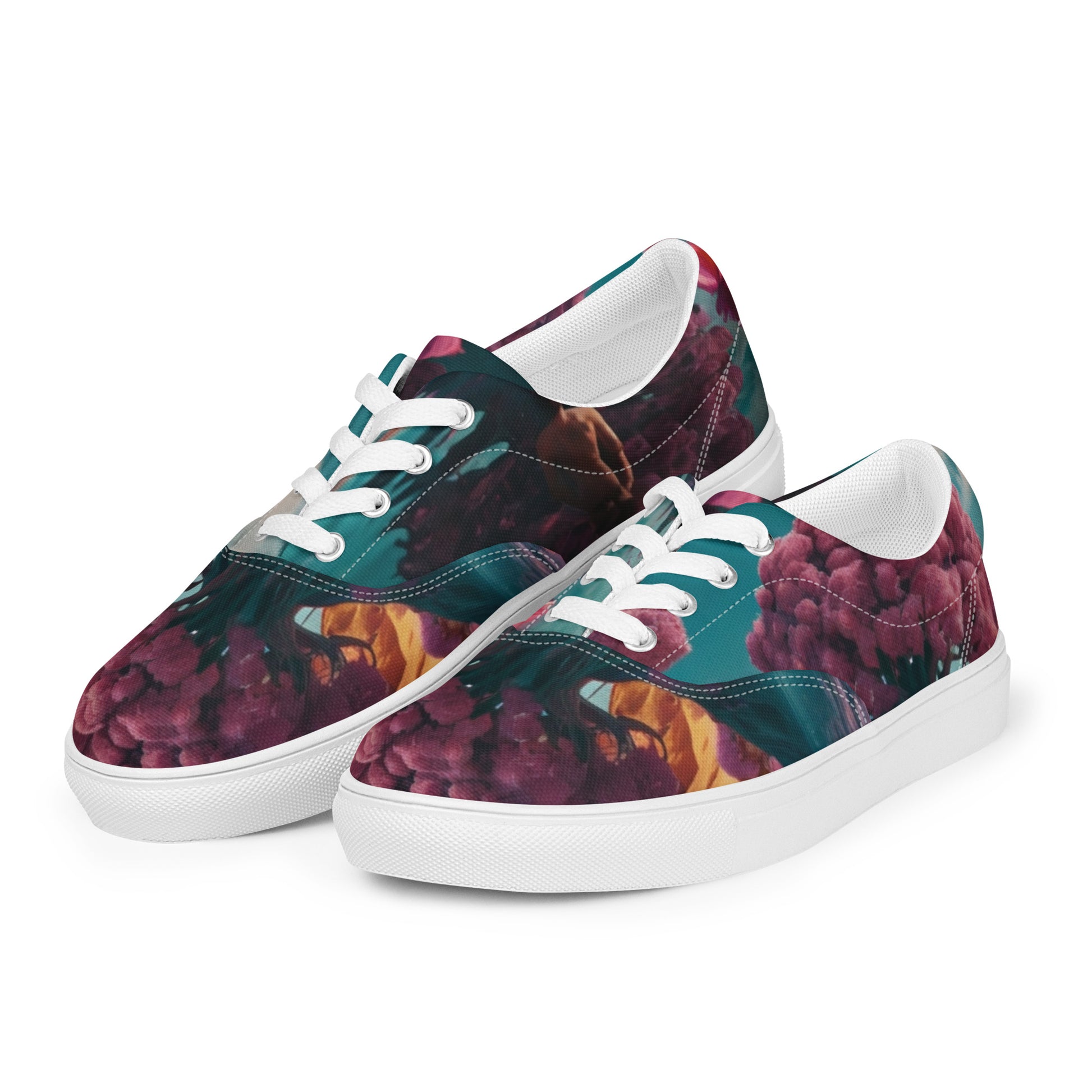 Lace-up canvas sneakers with multicolor floral pattern, white laces and white rubber sole