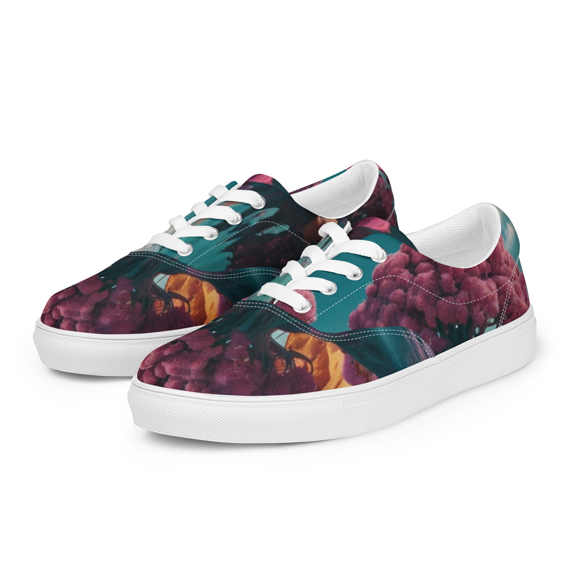 Pair of lace-up canvas sneakers with maroon and teal floral print and white rubber sole
