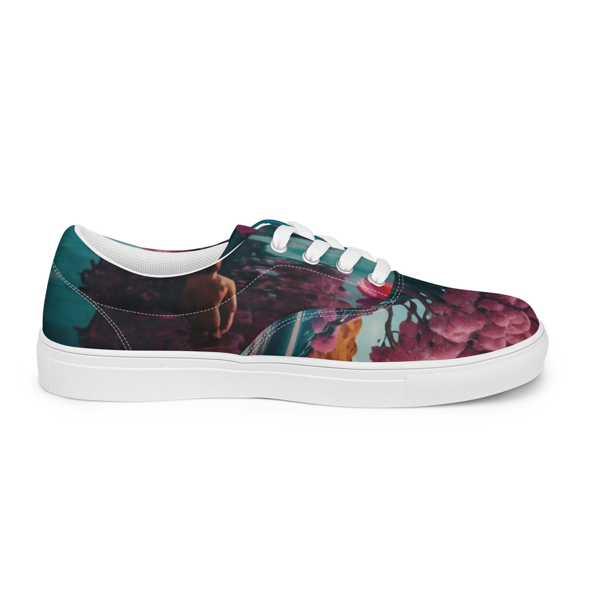 Lace-up canvas sneakers in maroon and teal floral print with white rubber sole
