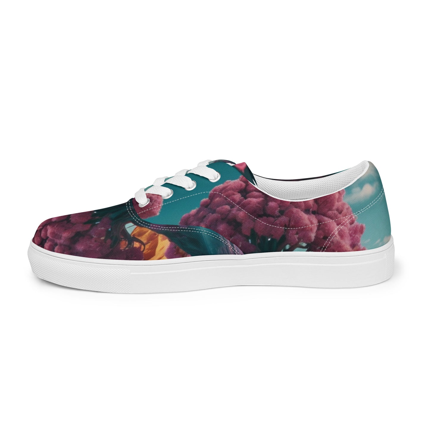 Low-top lace-up canvas sneaker with maroon and teal floral print, white laces and sole