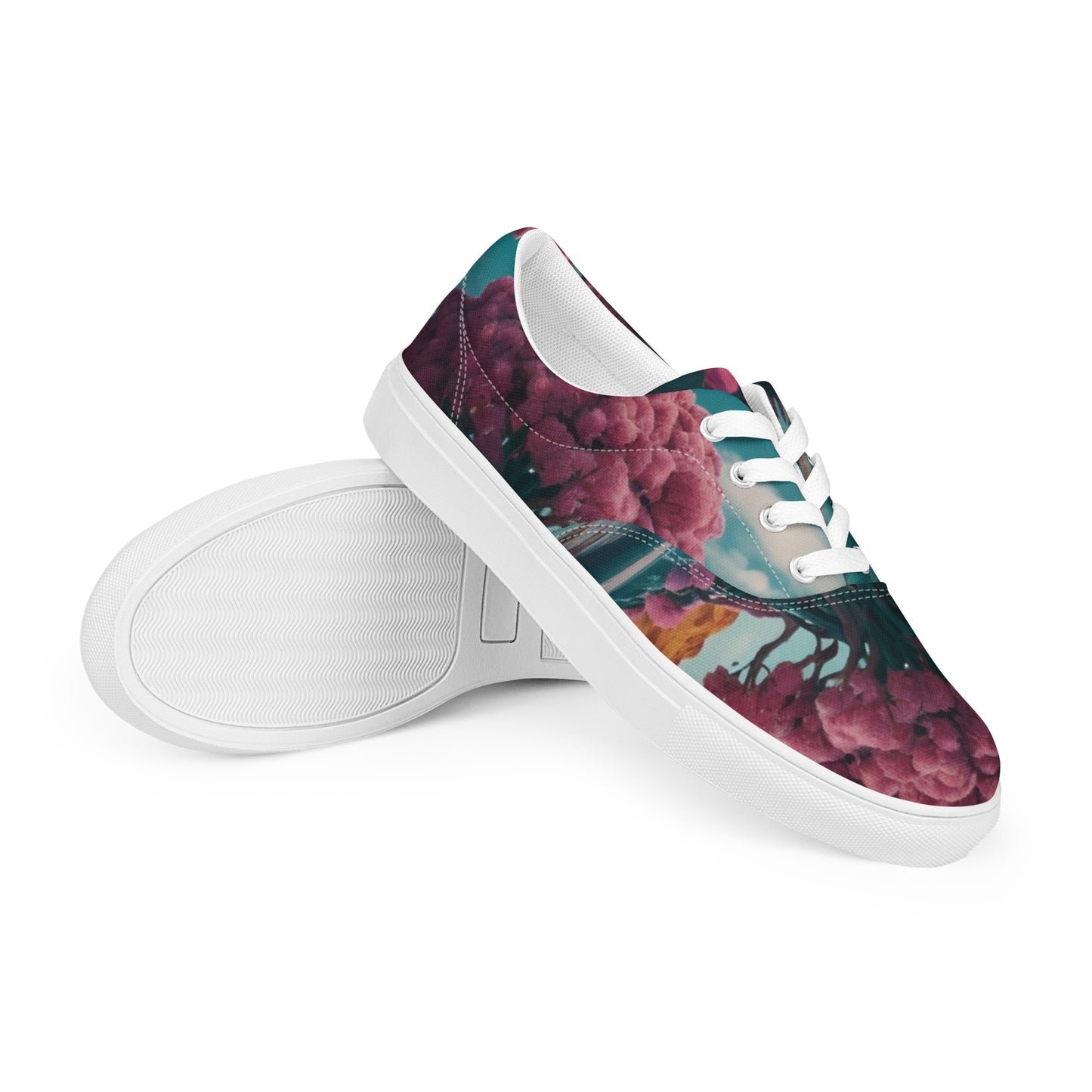 Lace-up canvas sneakers, sole and side view with floral upper and white rubber tread