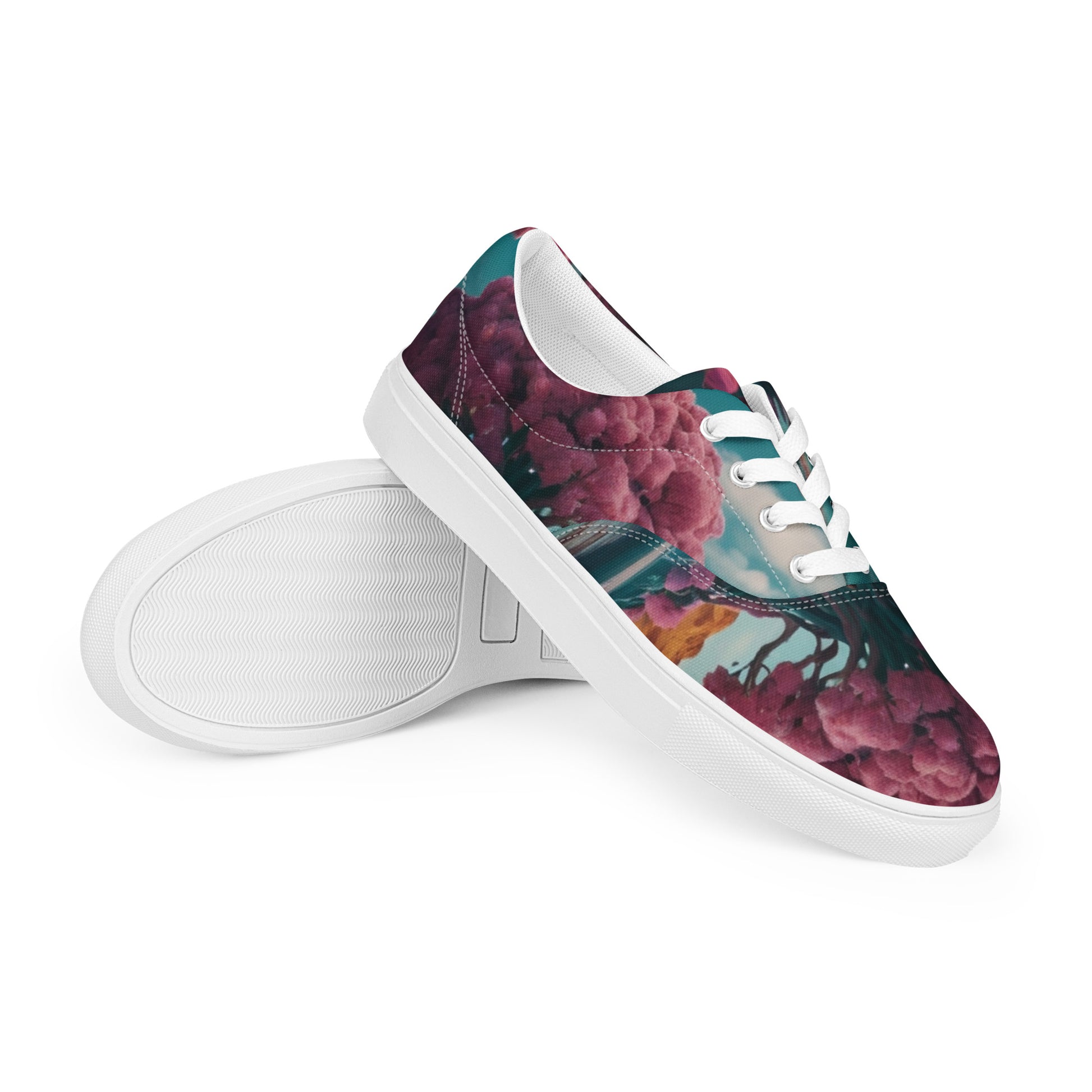 Lace-up canvas sneakers, sole and side view with floral upper and white rubber tread