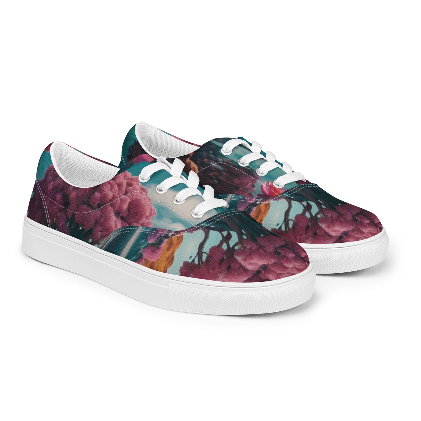 Lace-up canvas shoes with maroon and teal floral graphic uppers and white rubber sole