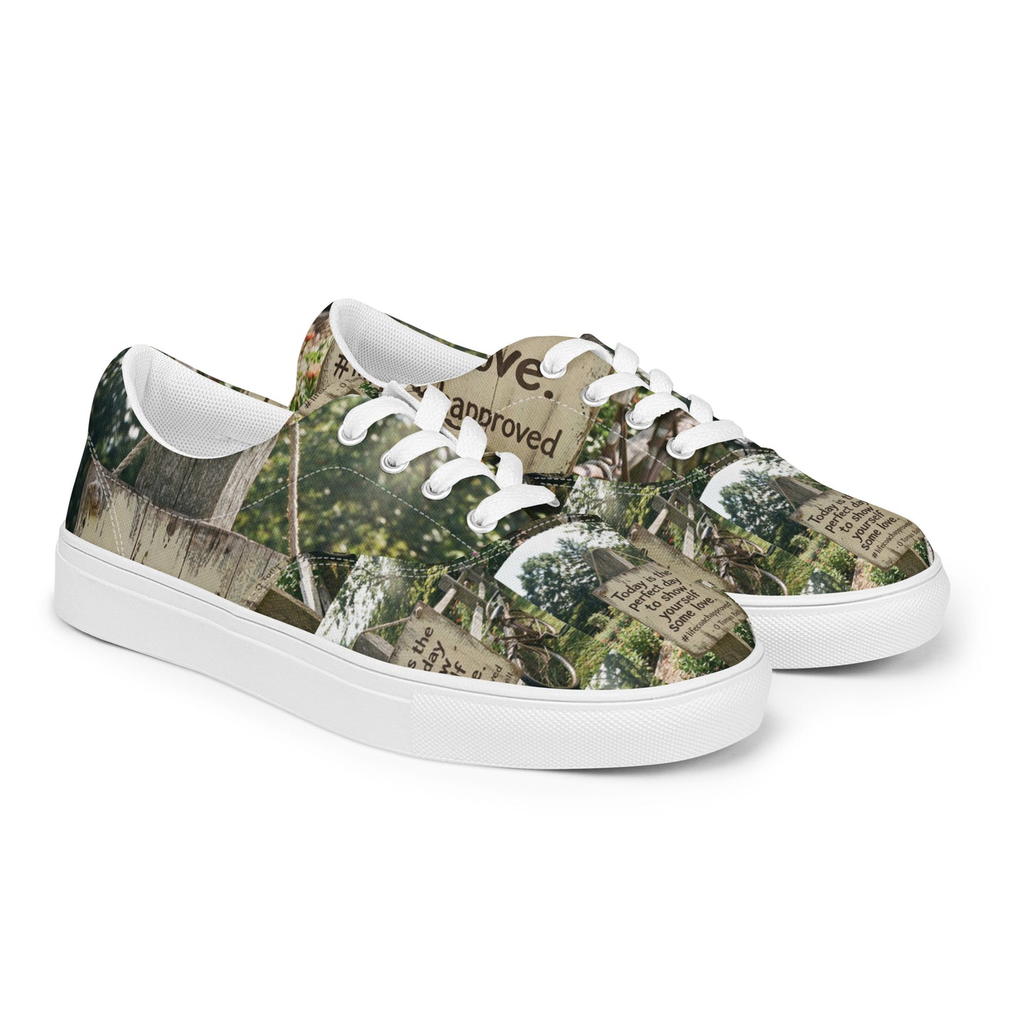 Low-top lace-up canvas shoes with woodland print upper and white rubber outsole.