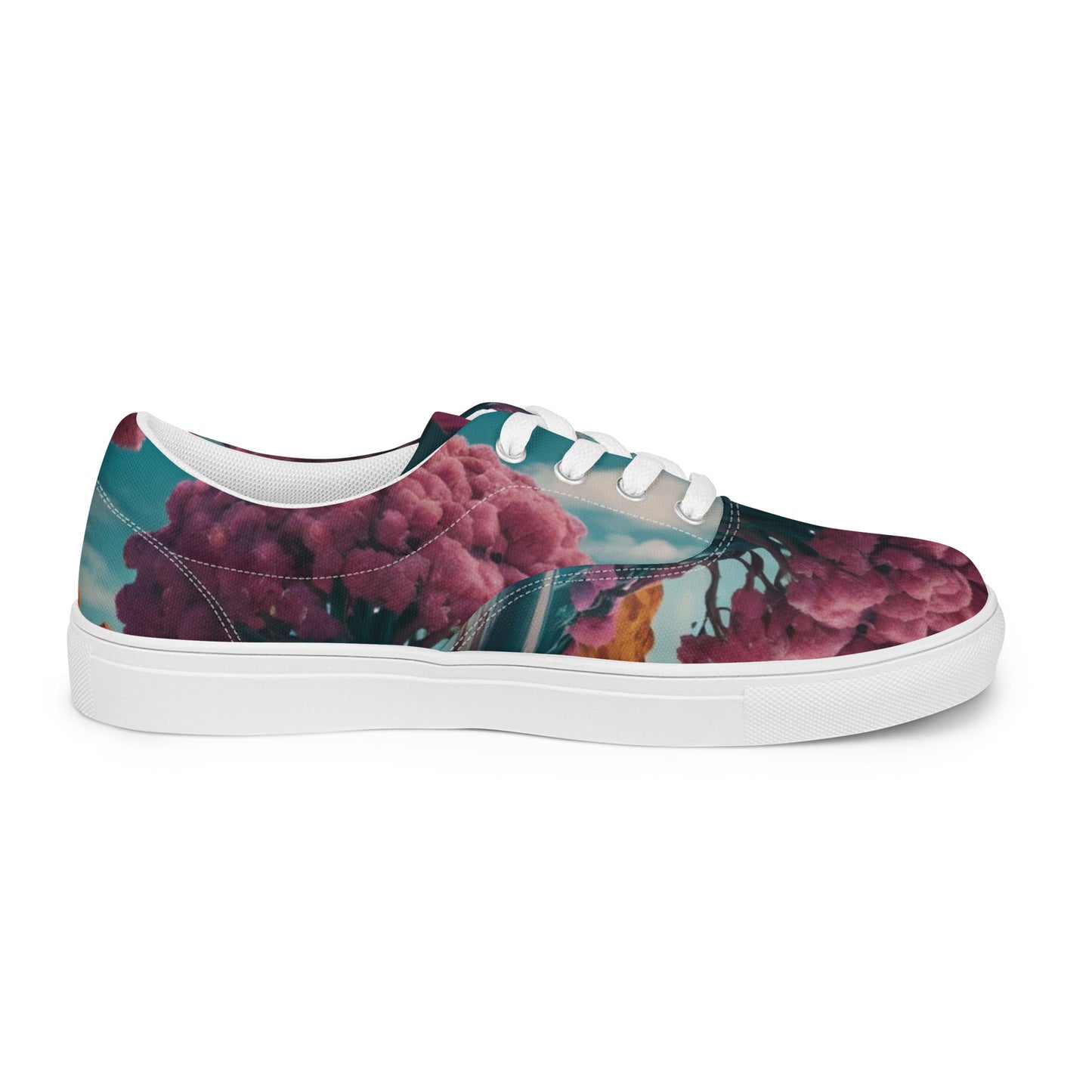 Lace-up canvas sneakers, side profile with floral print, teal and dark berry tones