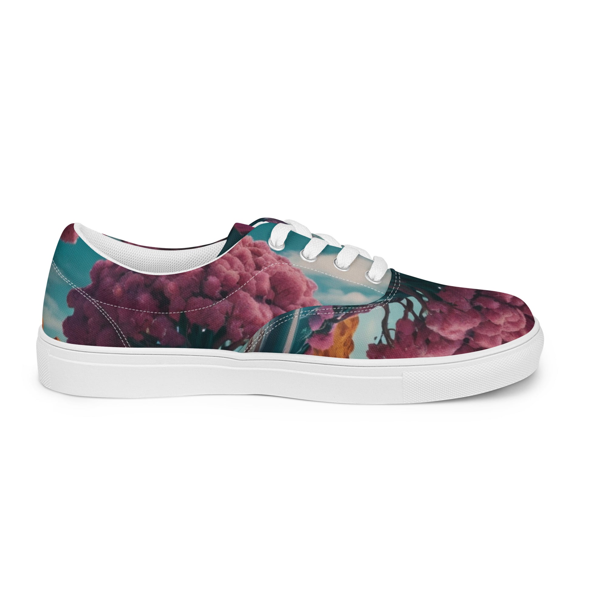 Lace-up canvas sneakers, side profile with floral print, teal and dark berry tones