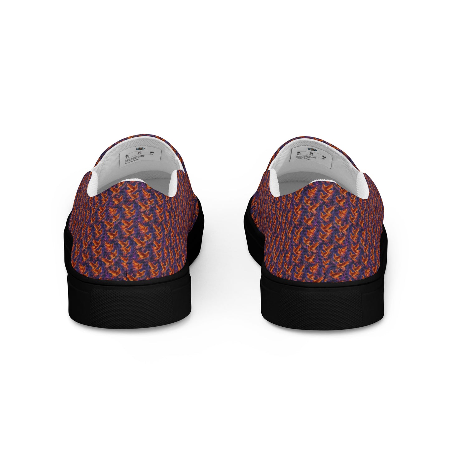 Women’s slip-on canvas shoes, orange-and-blue patterned back, black heel trim