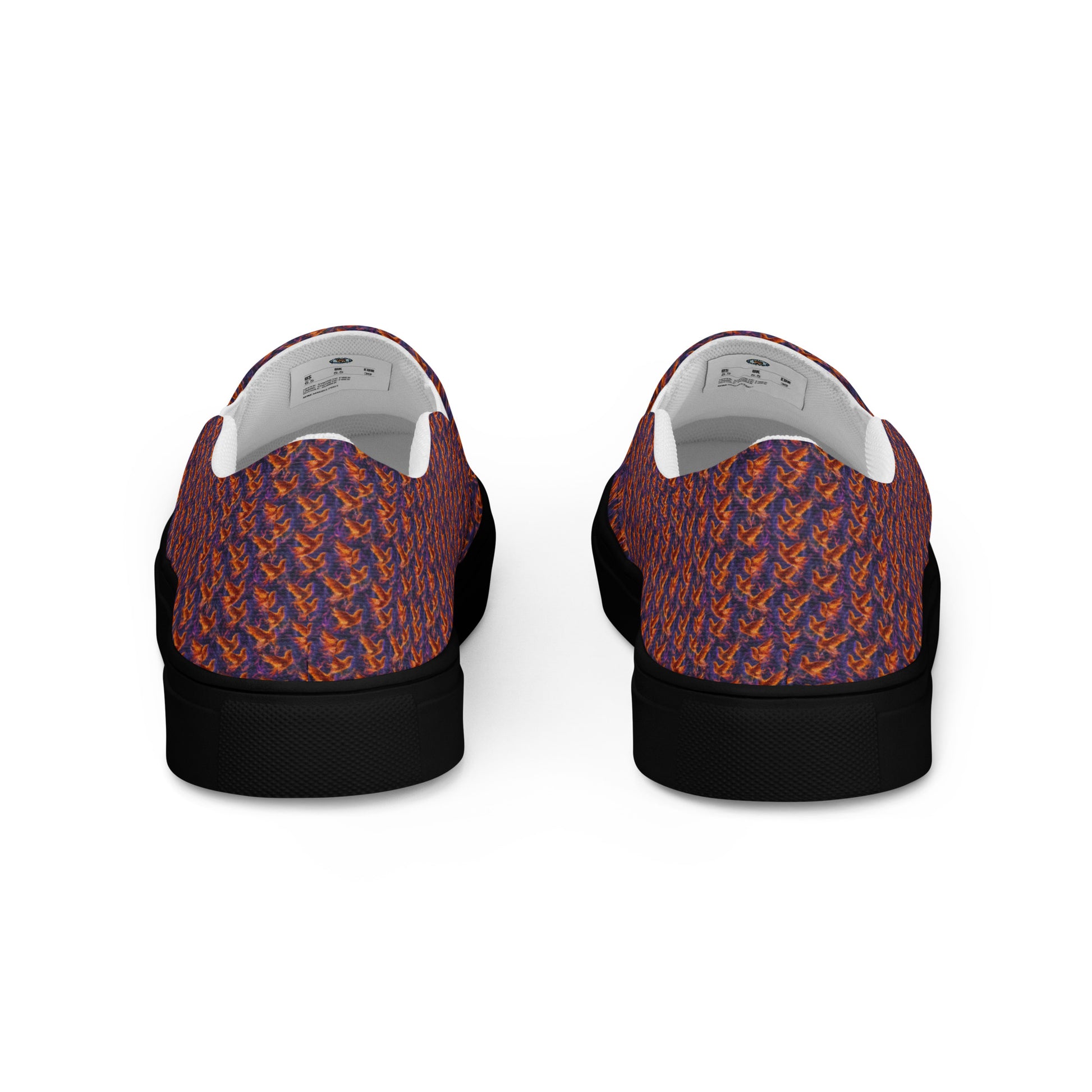 Women’s slip-on canvas shoes, orange-and-blue patterned back, black heel trim