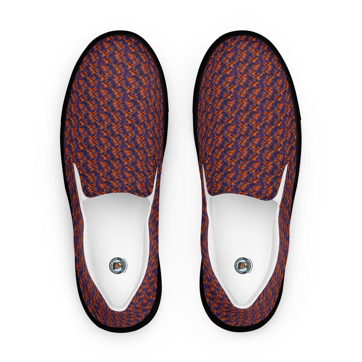 Women’s slip-on canvas shoes, orange-and-blue patterned upper, white inside panel and eyelet