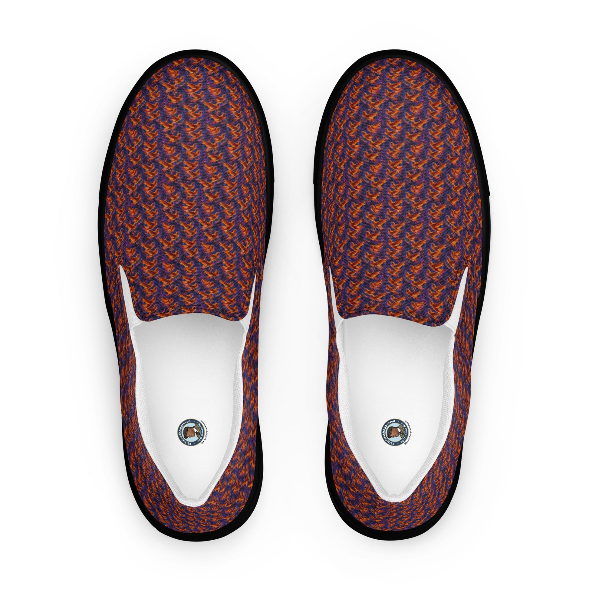 Women’s slip-on canvas shoes, orange-and-blue patterned upper, white inside panel and eyelet
