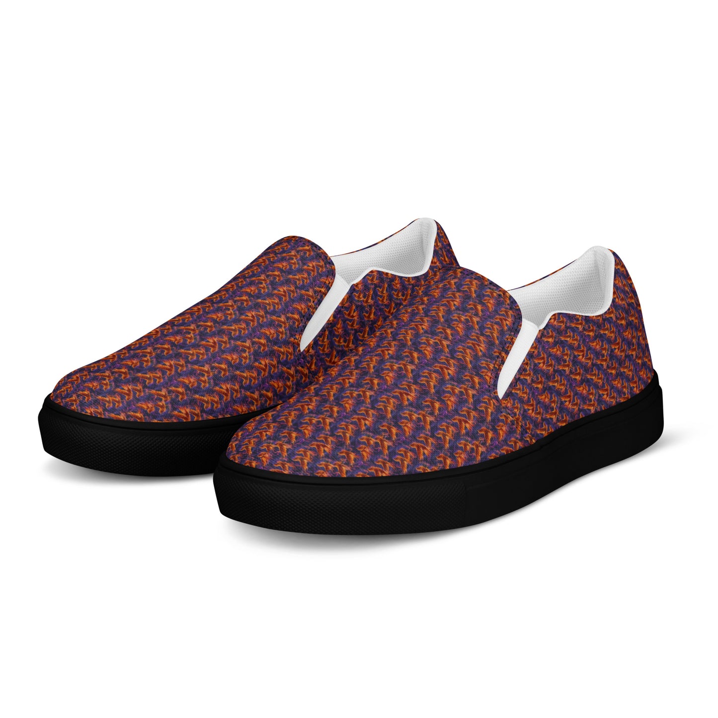 Women’s slip-on canvas shoes, orange-and-blue patterned upper, black sole, slip-on style