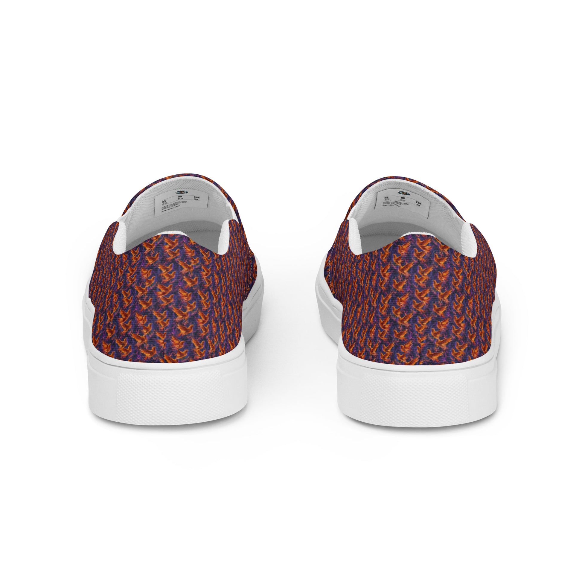 Women’s slip-on canvas shoes, orange-and-blue patterned back, white heel trim