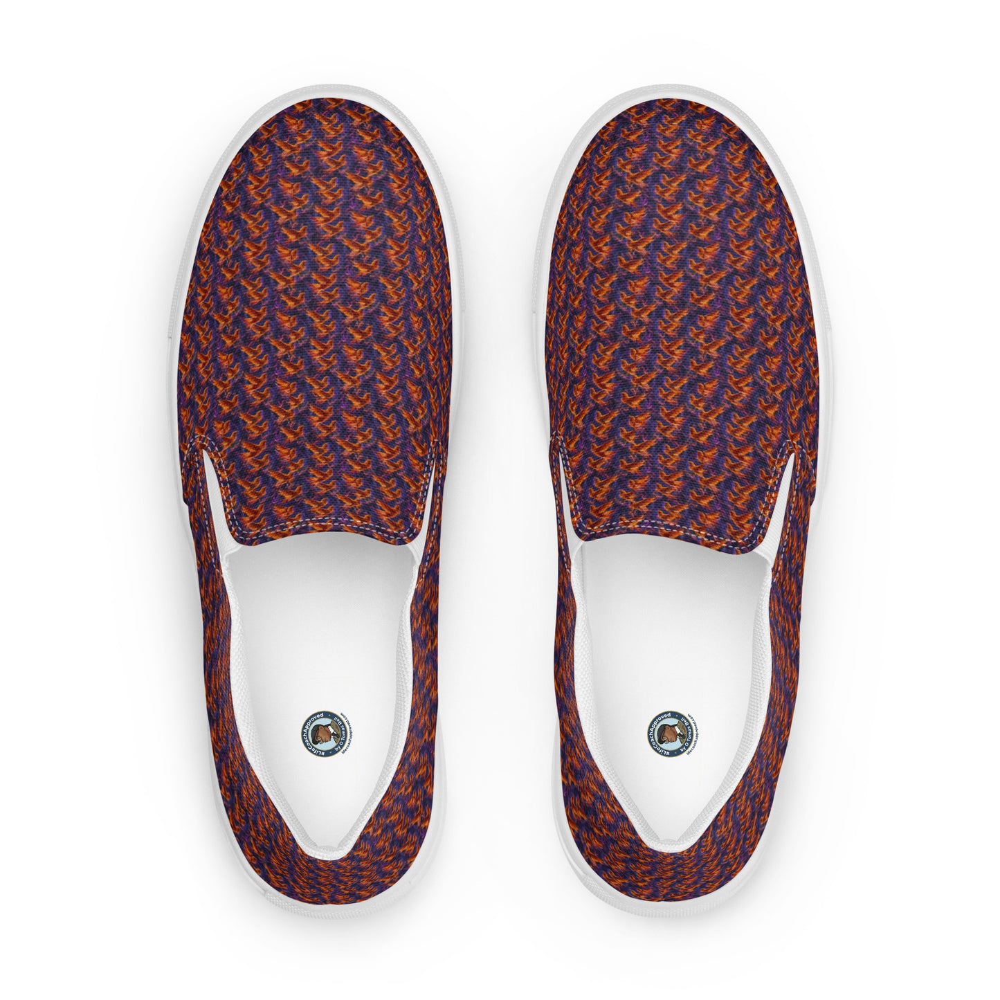 Women’s slip-on canvas shoes, orange-and-blue patterned upper, view of white inside panel
